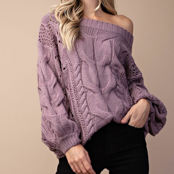 Cozy off shoulder cable knit puff sleeve Sweater - Picture 9 of 10